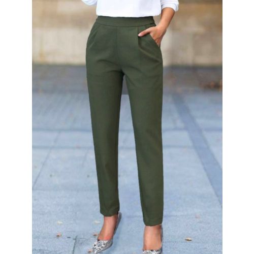 Plain Basic Casual H-Line Elastic Waistband Harem Pants With Pockets