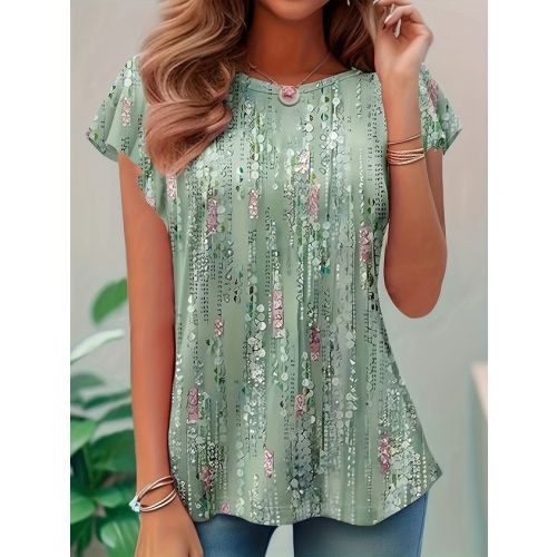 Abstract Polka Dots Ruffled Sleeves Crew Neck Jersey Casual T-Shirt