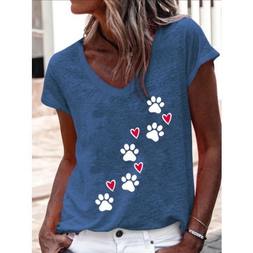 Heart Dog V Neck Regular Fit Cotton-Blend Casual T-Shirt