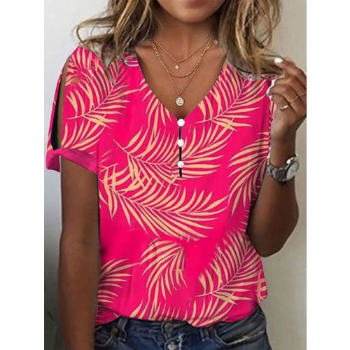 Leaf V Neck Casual Buttoned T-Shirt