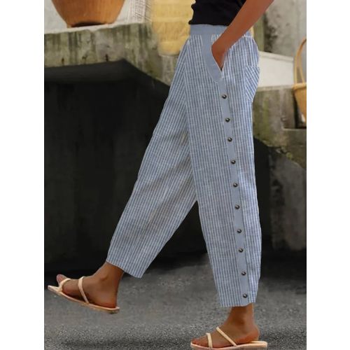 Striped And Buttoned Design Casual Loose Straight Pants With Pockets