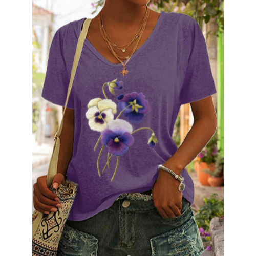 Pansies Floral Casual Cotton-Blend T-Shirt