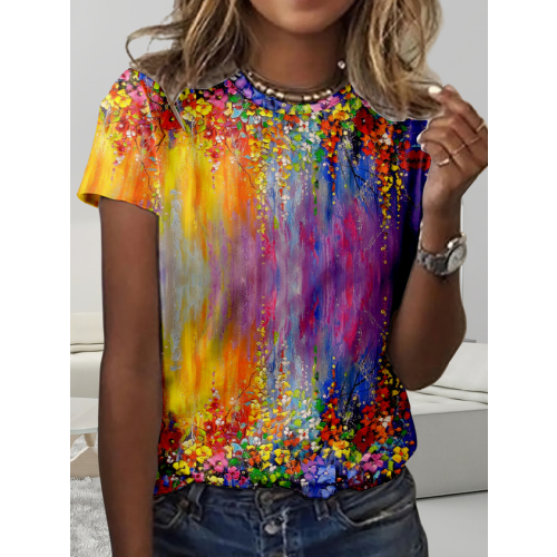 Retro Flower Oil Painting Print Simple Crew Neck T-Shirt