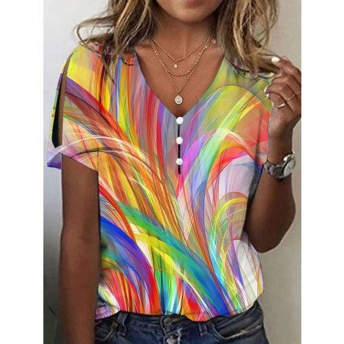 Knitted Gradient Pattern Casual V Neck T-Shirt