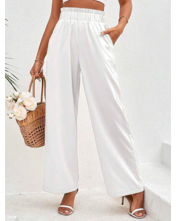 Cotton Casual Plain Paperbag Waist Wide Leg Pants