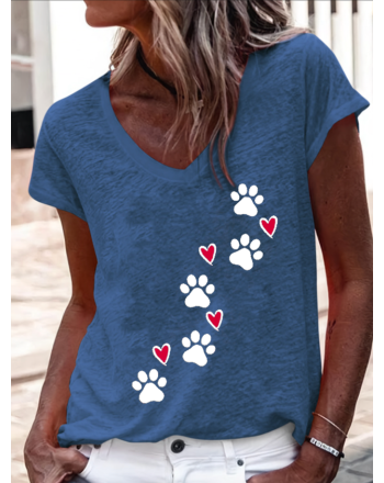 Heart Dog V Neck Regular Fit Cotton-Blend Casual T-Shirt