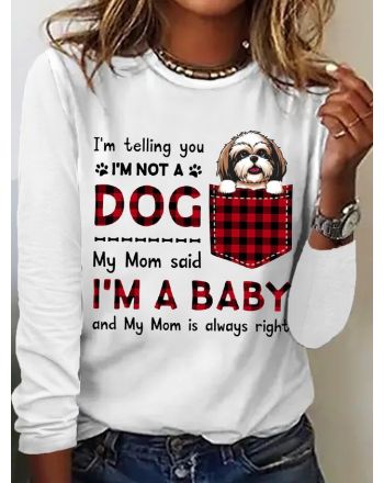 Women's Funny Word I'm A Baby Best Dog Mom Plaid Simple Cotton-Blend Animal Crew Neck Long Sleeve Top