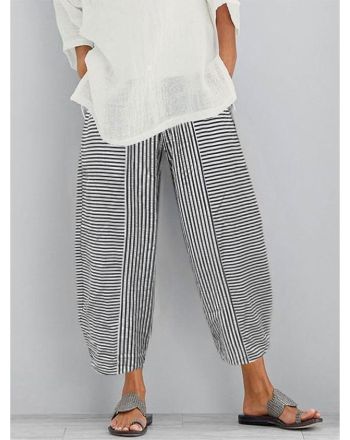 Striped Loose Polyester Cotton Casual Pants