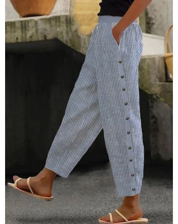 Striped And Buttoned Design Casual Loose Straight Pants With Pockets