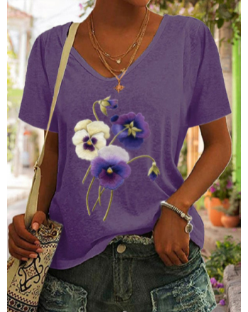 Pansies Floral Casual Cotton-Blend T-Shirt